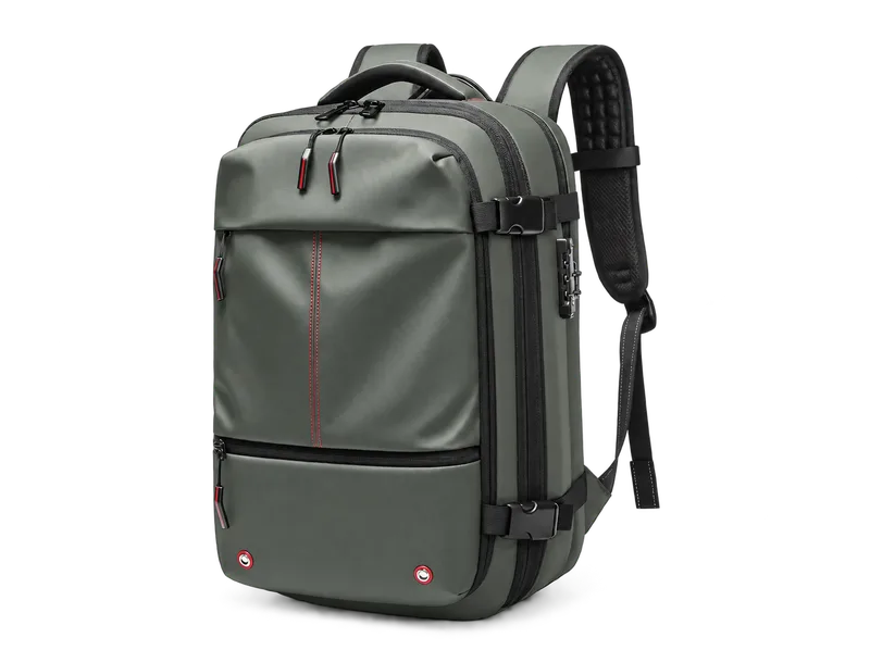 Army green travel backpack — front and side view