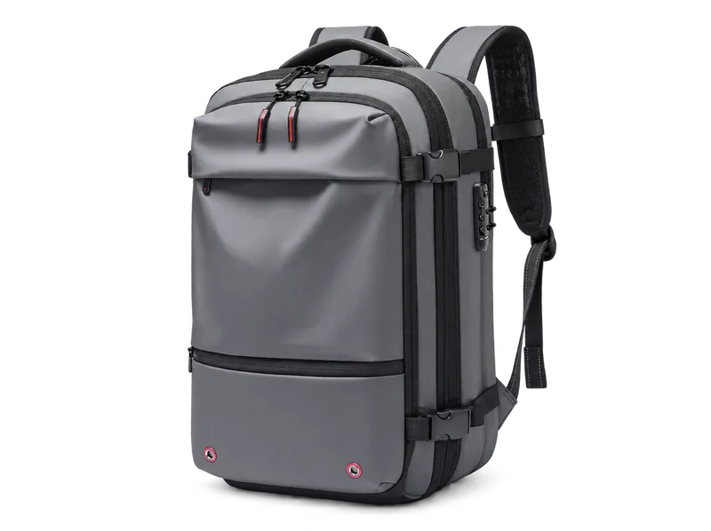 Gray travel backpack — front and side view