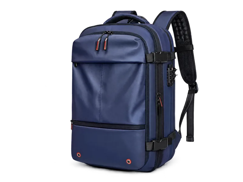 Navy blue travel backpack — front and side view