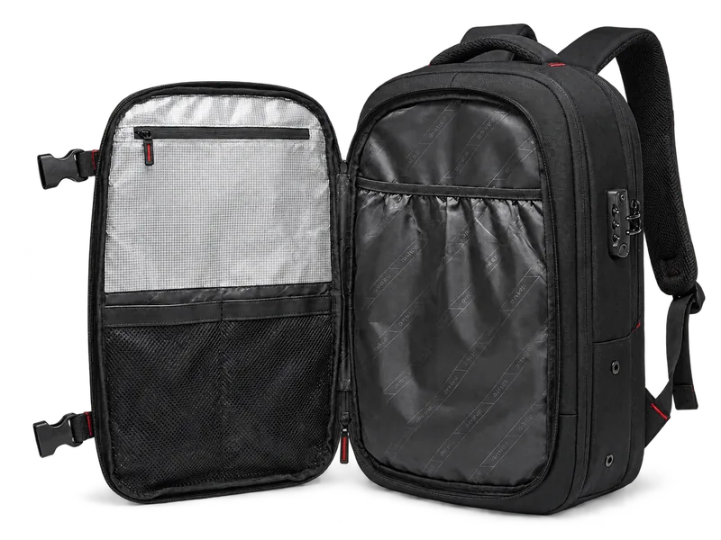 Front organizer compartment opened, showing mesh pockets and lining